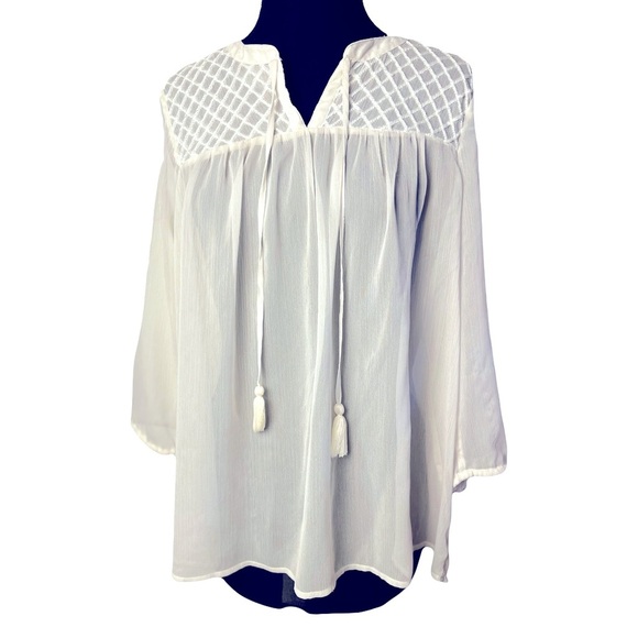 Lucky Brand | Sheer White Boho Embroidered Tassel Tie Peasant Blouse, Medium - Picture 1 of 5
